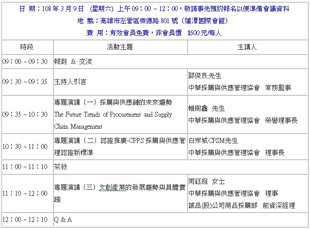 日期：108年3月9日(星期六)上午09：00~12：00，敬請事先預約報名以便準備會議資料,地點：高雄市左營區崇德路801號（蓮潭國際會館）,費用：有效會員免費，非會員價$500元/每人,鄧俊良先生,中華採購與供應管理協會常務監事,專題演講（一）採購與供應鏈的未來趨勢,TheFutureTrendsofProcurementandSupplyChainManagement,賴樹鑫先生,中華採購與供應管理協會榮譽理事長,專題演講（二）認證推廣-CPPS採購與供應管理認證新標準,白宗城CPSM先生,中華採購與供應管理協會理事長,專題演講（三）文創產業的發展趨勢與具體實踐,周鈺庭女士,中華採購與供應管理協會理事,誠品(股)公司商品採購部前資深經理
